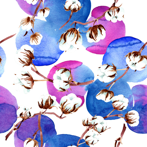 Βαμβάκι βοτανικό λουλούδια. Σετ ακουαρέλας εικονογράφηση. Απρόσκοπτη υπόβαθρο μοτίβο. Ύφασμα ταπετσαρία υφή. - Φωτογραφία, εικόνα