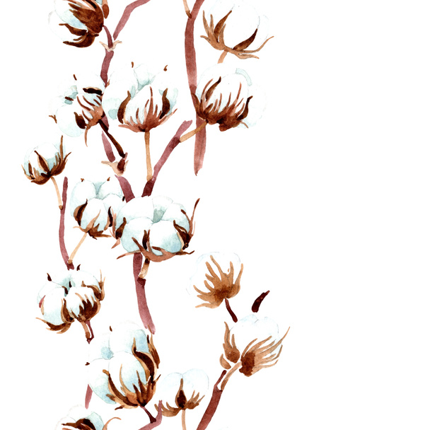 Cotton botanical flowers. Watercolor illustration set. Seamless background pattern. Fabric wallpaper print texture. - Photo, image