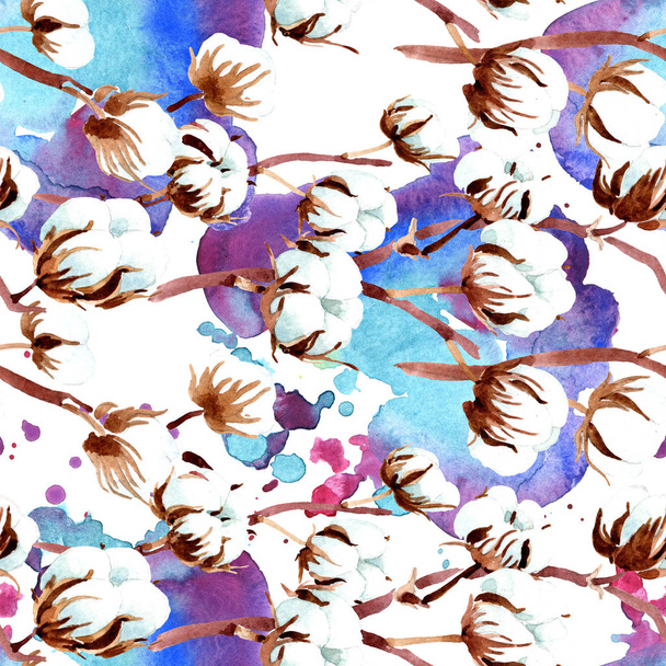 Flores botânicas de algodão. Conjunto de ilustrações aquarela. Padrão de fundo sem costura. Tecido papel de parede impressão textura
. - Foto, Imagem
