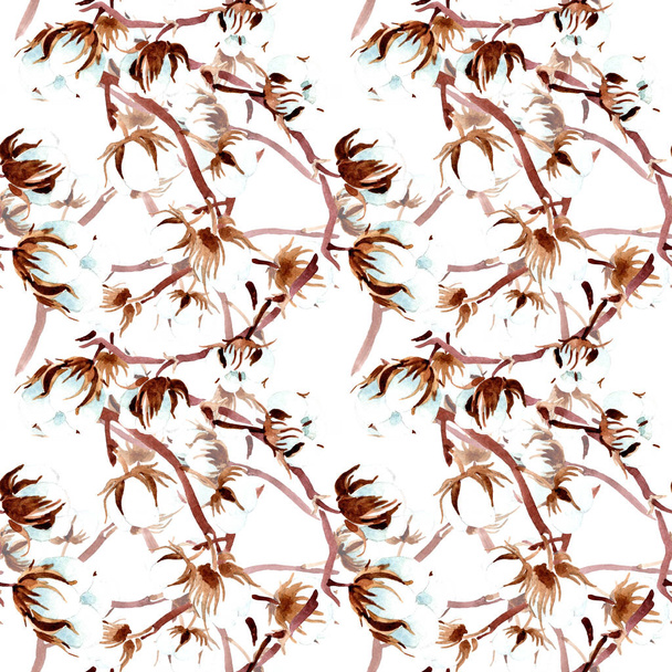 Cotton botanical flowers. Watercolor illustration set. Seamless background pattern. Fabric wallpaper print texture. - Foto, Bild