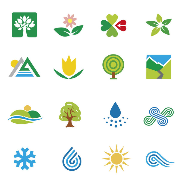 Ikony příroda krajina počasí. Sada barevné ikony ikony s motivy přírody. Izolované na bílém pozadí. Vektor k dispozici.. - Vektor, obrázek