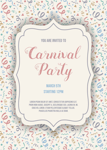 Carnaval Party invitation card with funny decorations. Vector - Wektor, obraz