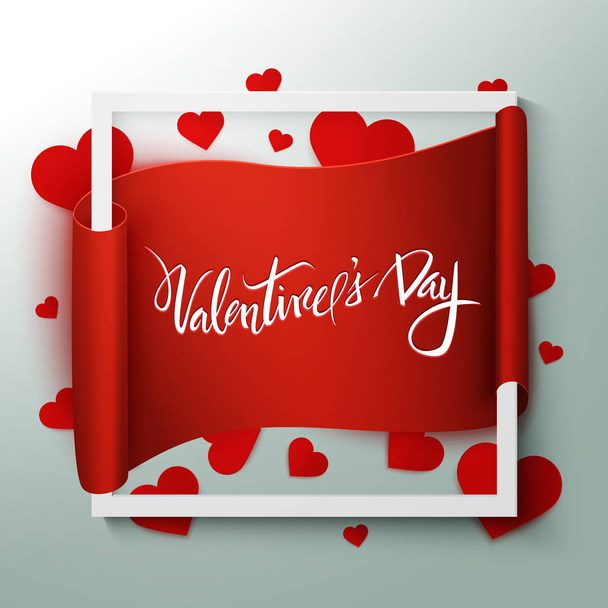 Happy Valentine's Day romantic banner with red ribbon and hearts, vector illustration - Vettoriali, immagini