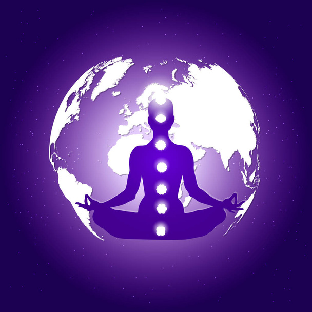 Human body in yoga lotus asana and seven chakras symbols on dark blue space with planet Earth and stars background. - Vector, Image