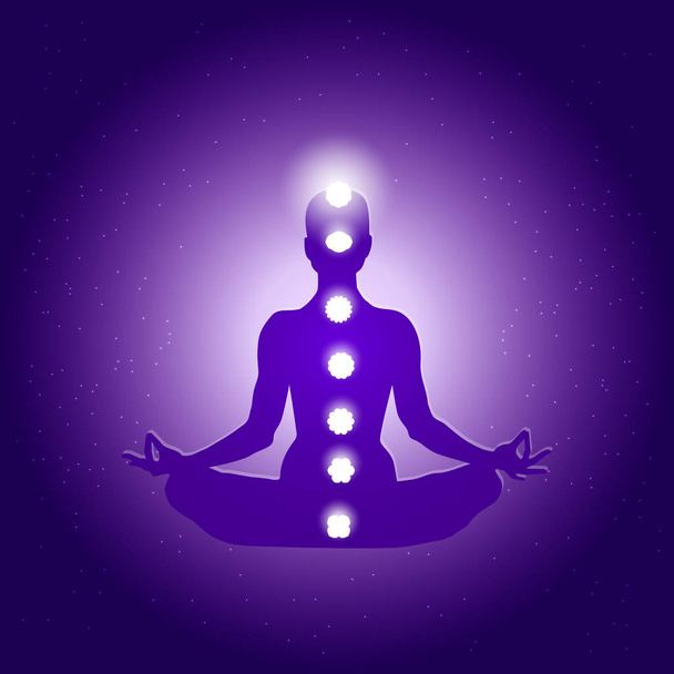 Human body in yoga lotus asana and seven chakras symbols on dark blue purple starry background. - Vector, Image