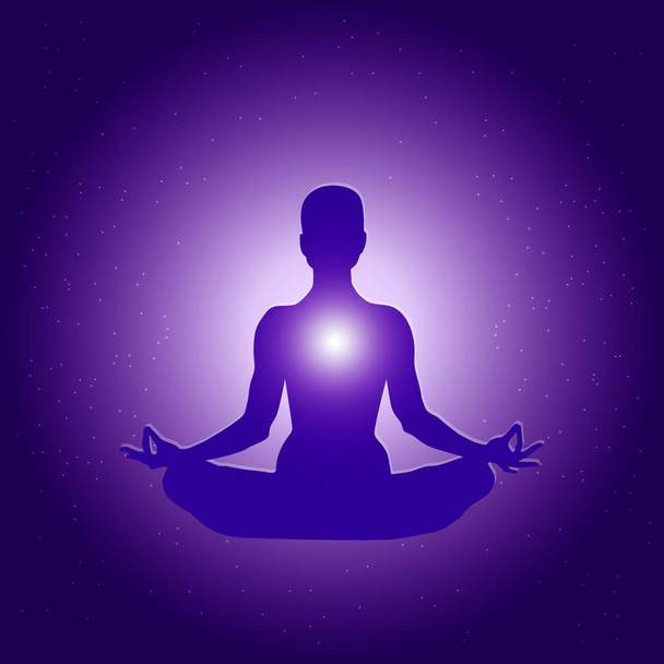 Silhueta de pessoa em ioga asana de lótus em azul escuro fundo estrelado roxo com luz
. - Vetor, Imagem