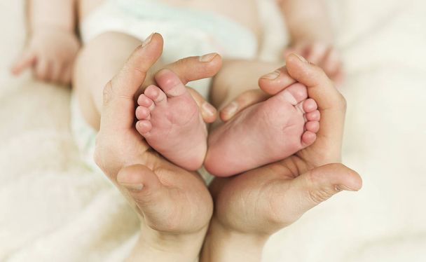 クローズ アップの母の手で生まれたばかりの赤ちゃんの足の形を聞きます。居心地のよい毛布背景に並ぶぬいぐるみで愛らしい男の子爪先のマクロ写真 - 写真・画像
