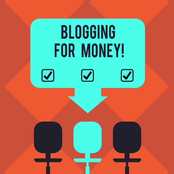 A kézírás szöveg Blogging For Money. Koncepció értelmében bloggerek hirdetéselhelyezéssel szerezni a helyszíni nyereség üres hely színű nyíl mutat az egyik a három forgószék-fotó. - Fotó, kép