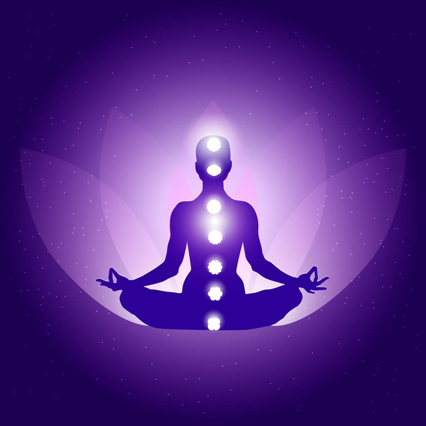 Silhouette of Person in yoga lotus asana on dark blue purple background with lotus flower and light. - Вектор,изображение