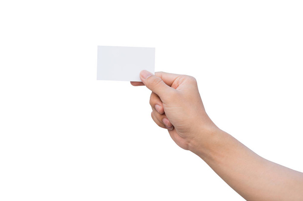Hand holding white paper, Mockup of business cards. isolated on white background with clipping path - Photo, Image