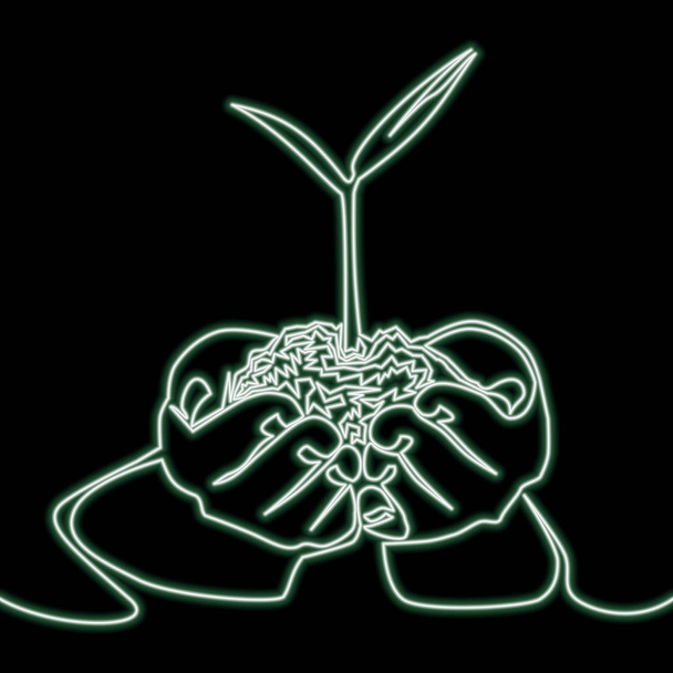 One continuous line vector illustration of young plant with ground in hands neon glow vector illustration concept - Vector, Image