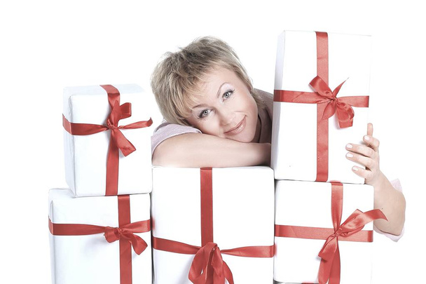 closeup of woman with lots of gift boxes. - Zdjęcie, obraz