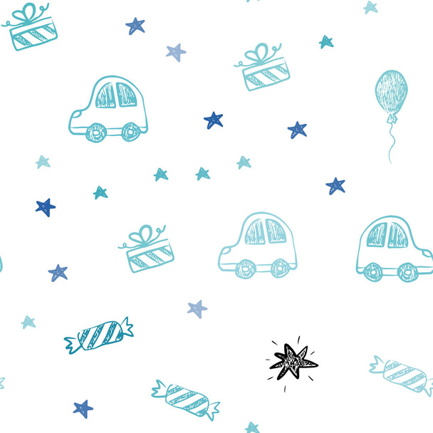 Licht blauwe vector naadloze achtergrond in kerst stijl. Illustratie met een speelgoedauto baloon, snoep, ster, bal schijnt. Patroon voor carnaval, festival advertenties. - Vector, afbeelding