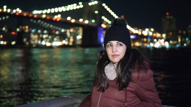 Wonderful place in New York the illuminated Brooklyn Bridge by night - Фото, зображення