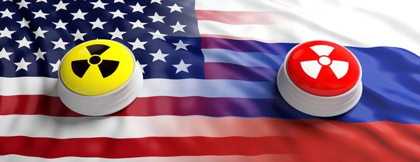 USA a Rusko jaderné hrozby. Červené a žluté tlačítka se symbolem varování záření na americké a ruské vlajky pozadí, banner. 3D obrázek - Fotografie, Obrázek
