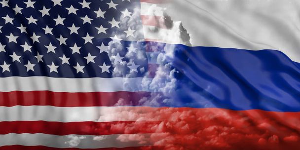 Yhdysvallat ja Venäjä ydinaseuhka. Ydinpilvi Amerikan ja Venäjän lipuilla taustalla. 3d kuva
 - Valokuva, kuva