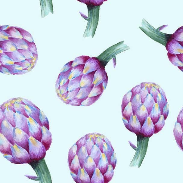 Seamless watercolor pattern with violet artichoke - Фото, изображение