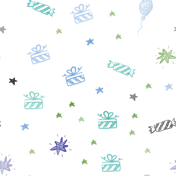 Lichtblauw, groen van de naadloze patroon vector in kerst stijl. Ontwerpen in kerst stijl met een speelgoedauto baloon, snoep, ster, bal. Patroon van giften van de verjaardag. - Vector, afbeelding