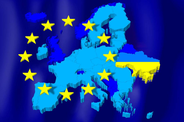 3D mapa Evropské unie / vlajka - Ukrajina - Fotografie, Obrázek