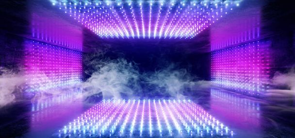Smoke Fog Neon Glowing Sci Fi Futuristic Cyber Retro Empty Grunge Concrete Dark Reflective Tunnel Corridor Purple Pink Blue Lights Dot Shaped Studio Club Ilustración de representación 3D
 - Foto, Imagen