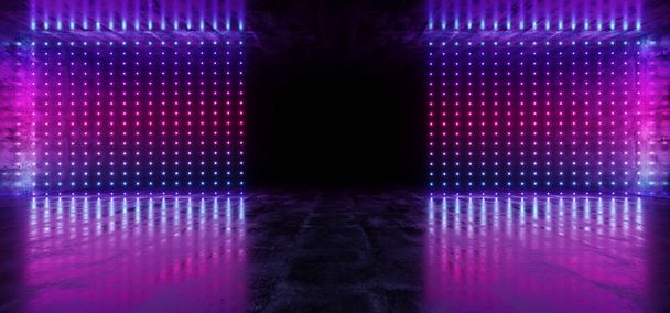 Nebel Neon glühend Science Fiction futuristisch Cyber-Retro leer Grunge Beton dunkel reflektierenden Tunnelkorridor lila rosa blaue Lichter punktförmige Studio Club 3d Rendering Illustration - Foto, Bild