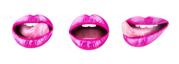 Lip set. Sexy lips, lip care and beauty. Beauty sensual lips. Sensual mouth. Lipstick or lipgloss. Beautiful tender lip, lipstick and lipgloss, makeup. Close up, macro with beautiful female mouth. - Photo, Image