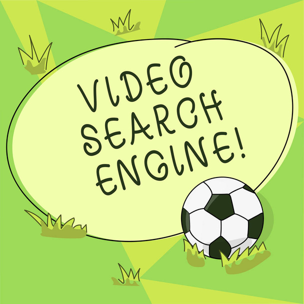 Conceptual hand writing showing Video Search Engine. Business photo showcasing which crawls web deeply for media and audio content Soccer Ball on the Grass and Blank Round Color Shape photo. - Photo, Image