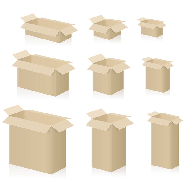 Cardboard boxes, different sizes, packing cases with open lid. Isolated vector illustration on white background. - Vector, Image
