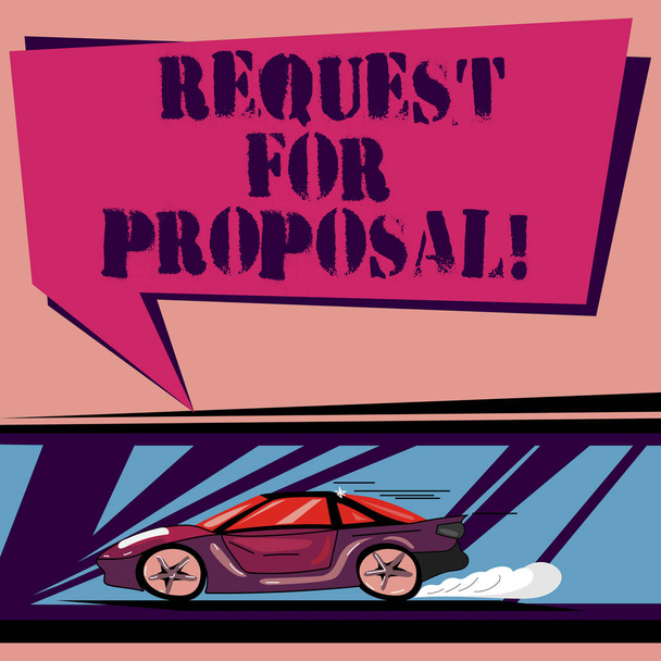 Handwriting text Request For Proposal. Concept meaning document that solicits proposal made through a bidding Car with Fast Movement icon and Exhaust Smoke Blank Color Speech Bubble. - Photo, Image