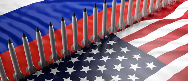 USA e Russia armi nucleari. Rocket, missili in America e bandiere russe sullo sfondo. Illustrazione 3d
 - Foto, immagini