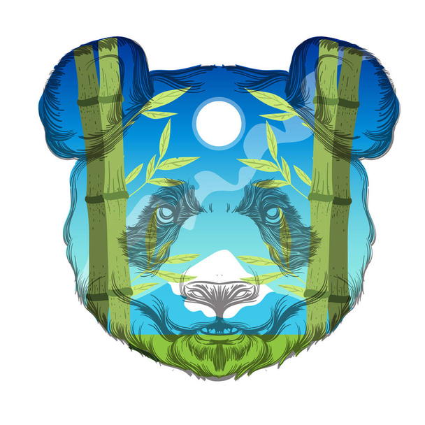 Head of a panda with a landscape of bamboo forest. Vector illustration for prints on t-shirts, tattoos and much more. - Vektor, obrázek