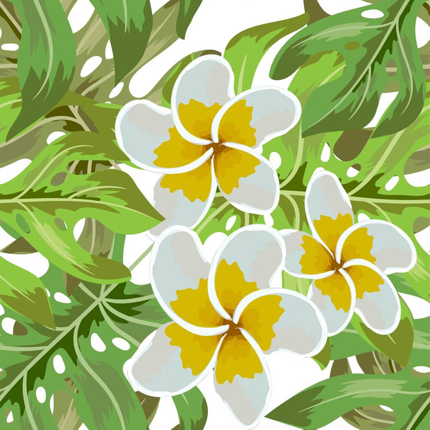 Saumaton trooppinen kukka. Trooppisia kukkia ja viidakon palmuja. Kaunis kangas kuvio trooppisia kukkia taustalla. Kukka plumeria saumaton kuvio tausta
 - Vektori, kuva
