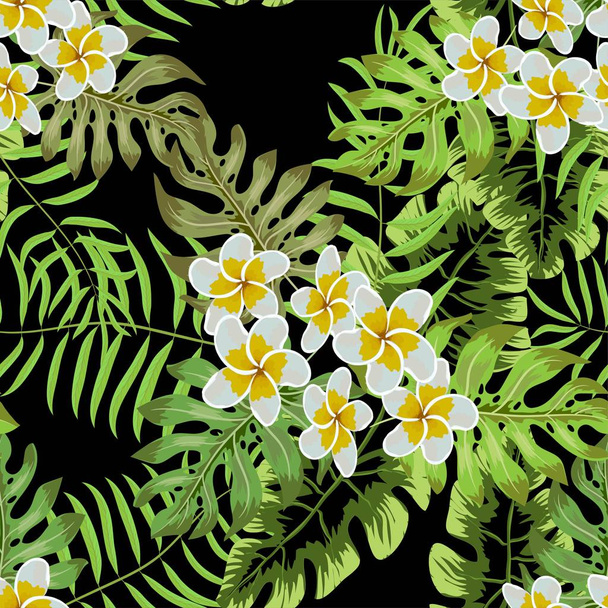 シームレスな南国の花。熱帯の花やヤシの木のジャングル。熱帯の花の背景の上に美しいファブリックのパターン。シームレスなパターン背景の花プルメリア - ベクター画像