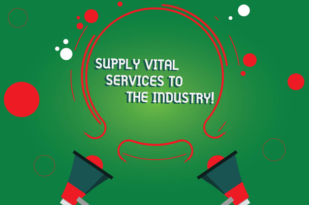 Text sign showing Supply Vital Services To The Industry. Conceptual photo Power supplies for companies Two Megaphone and Circular Outline with Small Circles on Color Background. - Photo, Image