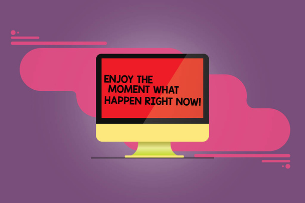 Word writing text Enjoy The Moment What Happen Right Now. Business concept for Seize the day Relax Leisure Mounted Computer Monitor Blank Reflected Screen on Abstract Background. - Photo, Image