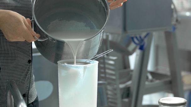 Worker pouring milk into container. - 写真・画像
