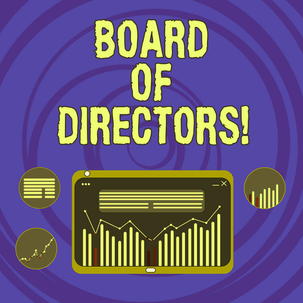 Text sign showing Board Of Directors. Conceptual photo group showing who jointly oversee activities organization Digital Combination of Column Line Data Graphic Chart on Tablet Screen. - Photo, Image