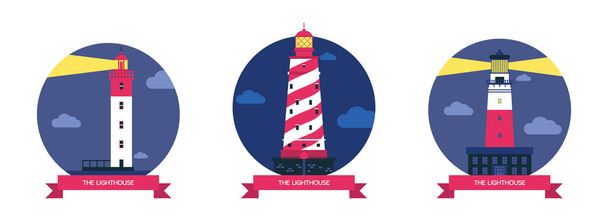 Lighthouse vector beacon lighter beaming path of lighting from seaside coast illustration set of lighthouses isolated on background - Vector, Image