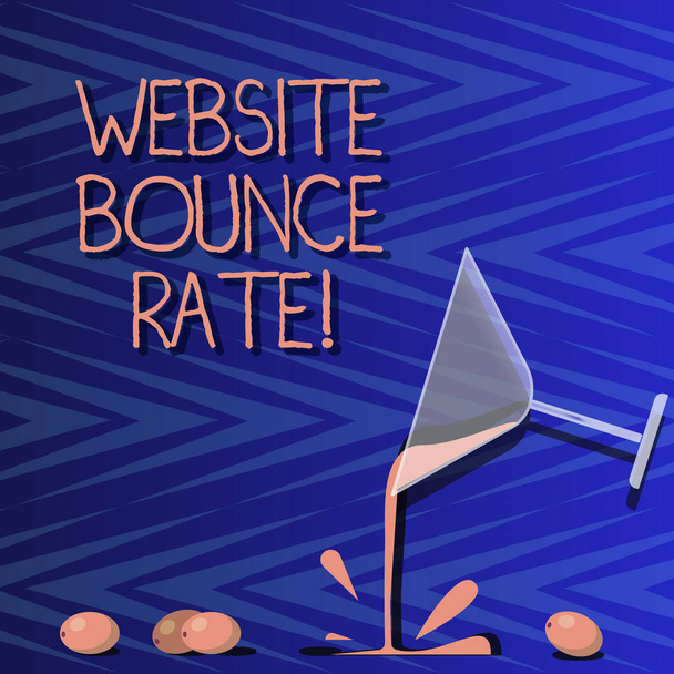 Word writing text Website Bounce Rate. Business concept for Internet marketing term used in web traffic analysis Cocktail Wine Glass Pouring Liquid with Splash Grapes and Shadow photo. - Photo, Image