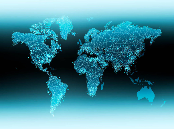Weltkarte auf technologischem Hintergrund, leuchtende Linien Symbole des Internets, Radio, Fernsehen, Mobilfunk und Satellitenkommunikation. - Foto, Bild