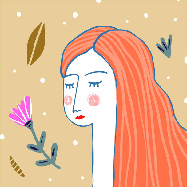 Hand drawn redhead girl with flowers. Stylized temting contemporary art. Boho hipster drawing - Vector, Image
