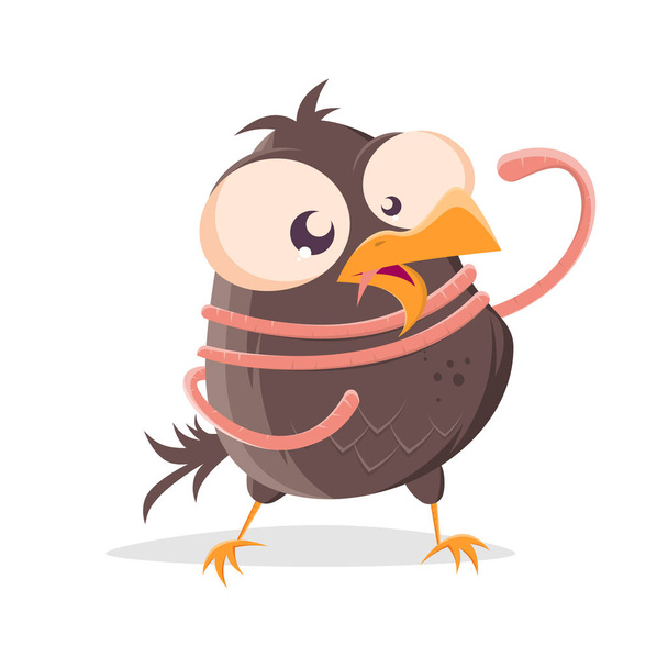 Lustige Cartoon-Illustration eines Vogels, der von einem Wurm erdrosselt wird - Vektor, Bild