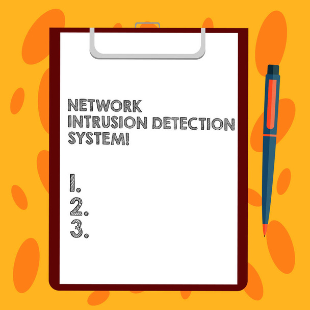Writing note showing Network Intrusion Detection System. Business photo showcasing Safety security multimedia systems Sheet of Bond Paper on Clipboard with Ballpoint Pen Text Space. - Photo, Image
