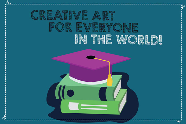 創造的な芸術のみんなの世界を書く手書き文字。概念他のタッセル付き色卒業の帽子に広がる創造性を意味 3 d 学術キャップ写真本に載って. - 写真・画像