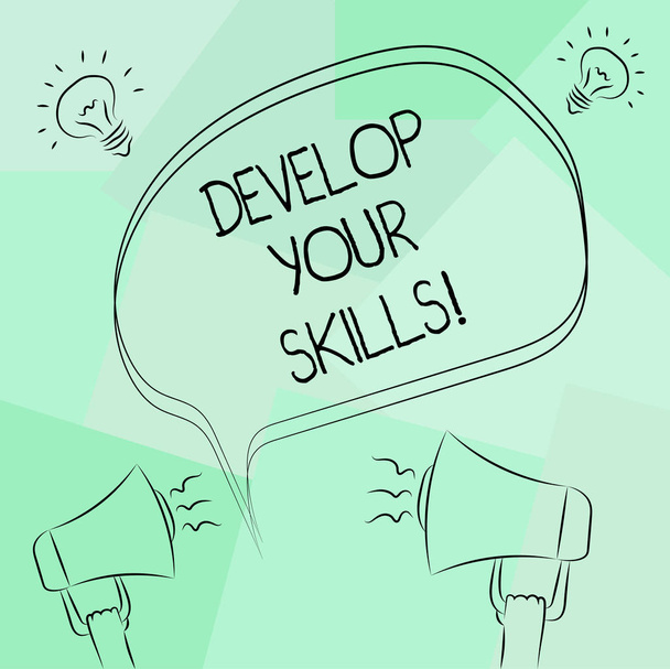 Conceptual hand writing showing Develop Your Skills. Business photo text improve ability to do something well over time Freehand Outline Sketch of Speech Bubble Megaphone Idea Icon. - Photo, Image
