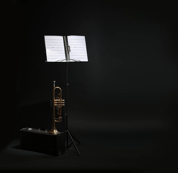 Труба, футляр і записка стоять з музичними листами на чорному тлі. Простір для тексту
 - Фото, зображення