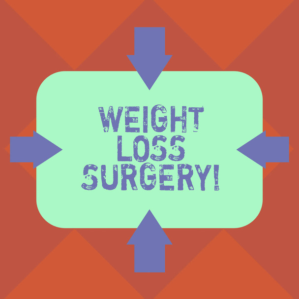 Handwriting text Weight Loss Surgery. Concept meaning do on stomach intestines to help demonstrating extreme obesity Arrows on Four Sides of Blank Rectangular Shape Pointing Inward photo - Photo, Image