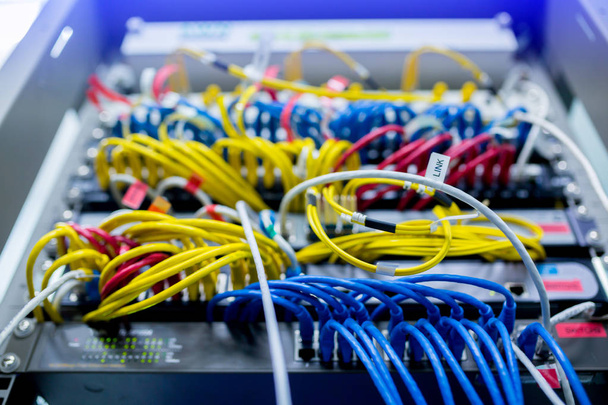 селективное фокусирование кабелей Ethernet и сетевого коммутационного хаба ЛВС связи. UTP кабель и сетевое устройство компьютера
 - Фото, изображение
