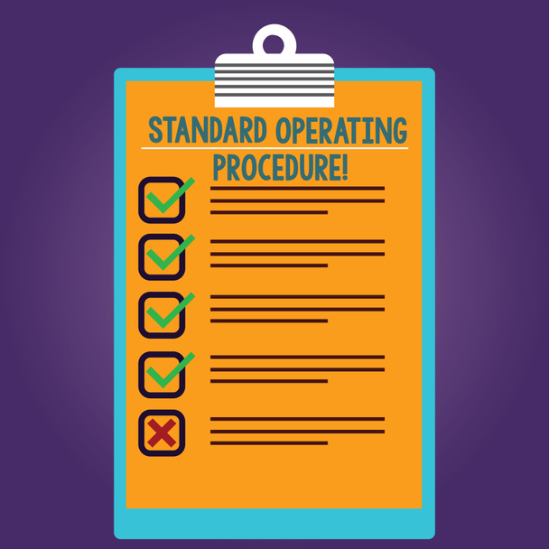 Word writing text Standard Operating Procedure. Business concept for Detailed directions on how to perform a routine Lined Color Vertical Clipboard with Check Box photo Blank Copy Space. - Photo, Image