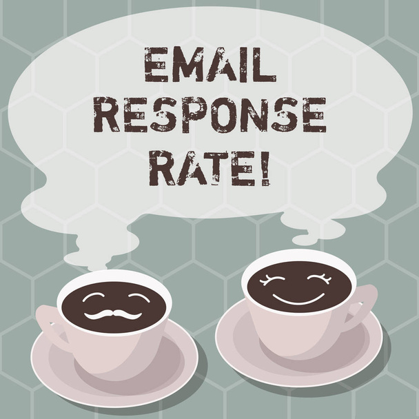 Writing note showing Email Response Rate. Business photo showcasing percentage showing saw something then completed action Sets of Cup Saucer for His and Hers Coffee Face icon with Blank Steam. - Photo, Image